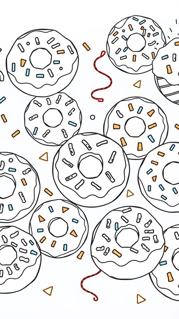 A fun coloring page with various donuts outlined for coloring, featuring sprinkles and frosting.